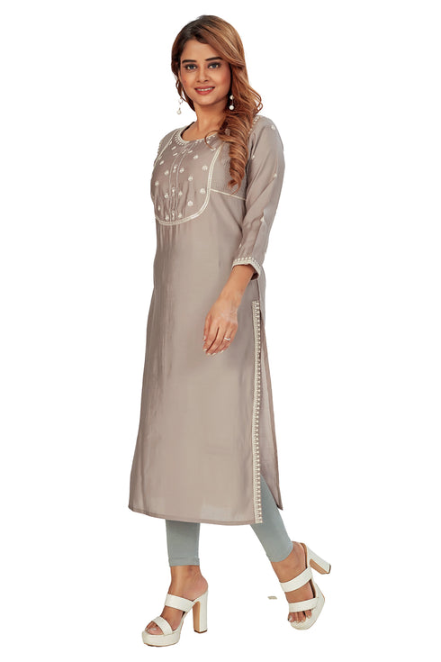 Amchoor Brown Solid Printed Viscose Silk Kurti for Women's