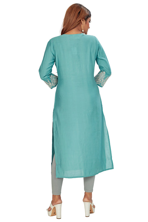 Amchoor Teal Solid Printed Viscose Silk Kurti for Women's