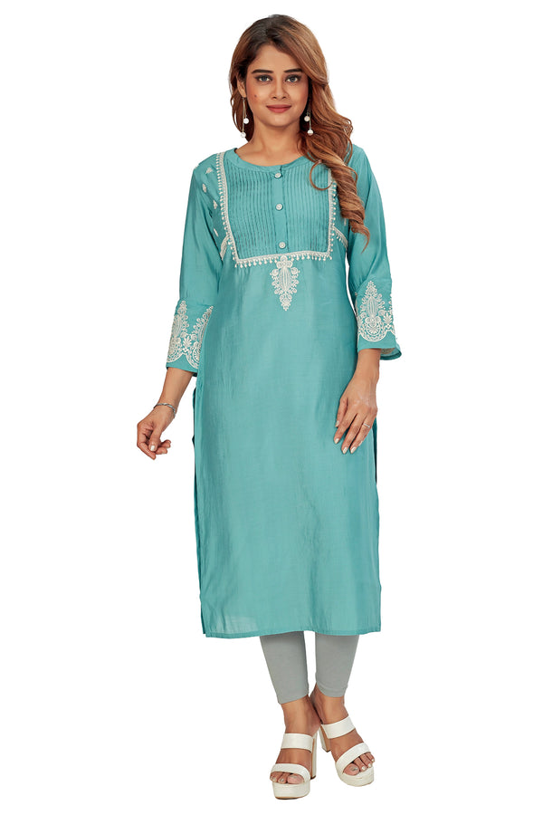 Amchoor Teal Solid Printed Viscose Silk Kurti for Women's