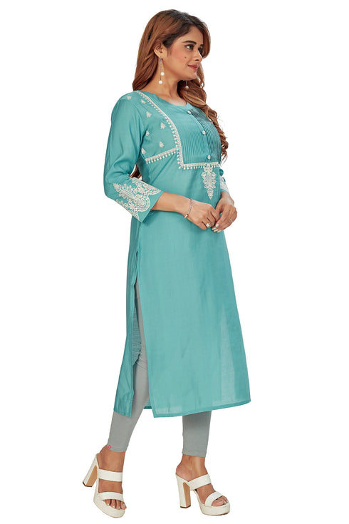 Amchoor Teal Solid Printed Viscose Silk Kurti for Women's