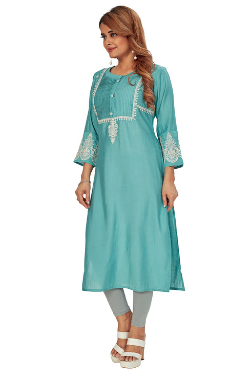 Amchoor Teal Solid Printed Viscose Silk Kurti for Women's