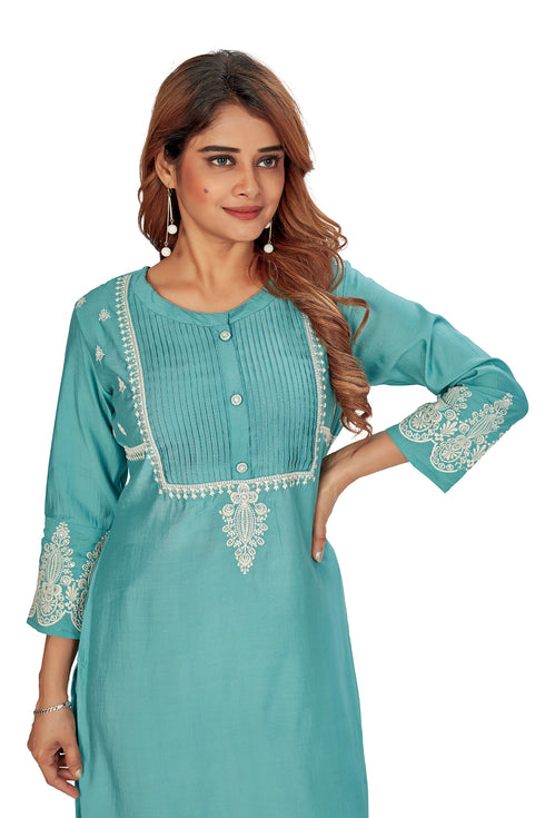Amchoor Teal Solid Printed Viscose Silk Kurti for Women's