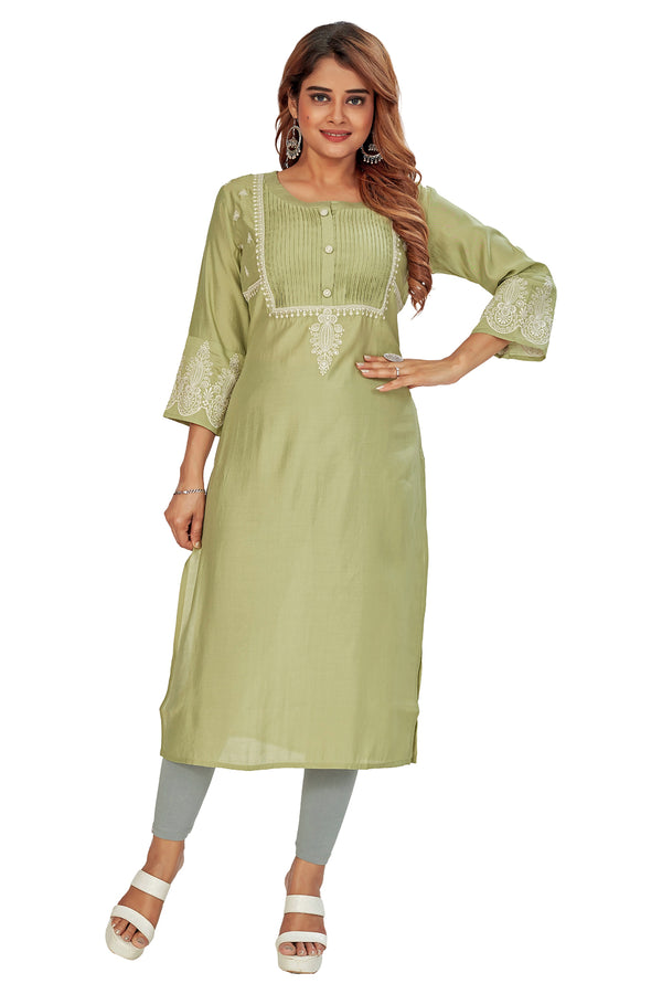 Amchoor Green Solid Printed Viscose Silk Kurti for Women's