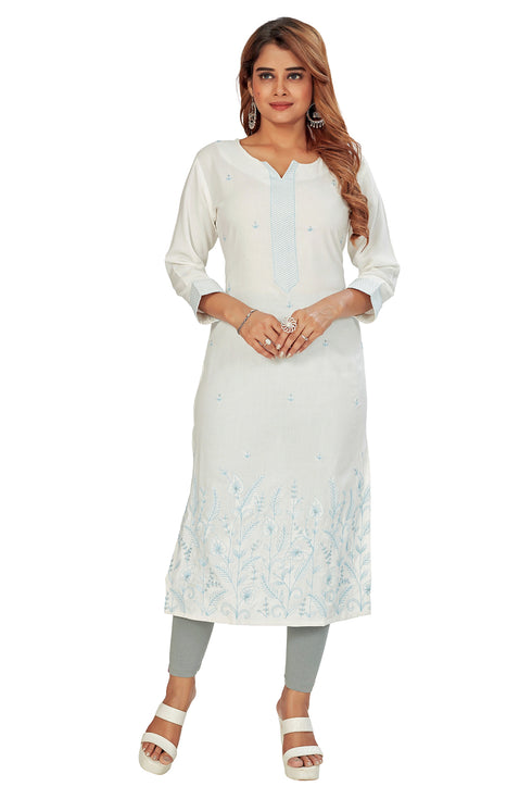 Amchoor White Solid Printed Rayon Kurti for Women's (Blue)