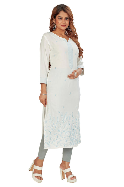 Amchoor White Solid Printed Rayon Kurti for Women's (Blue)