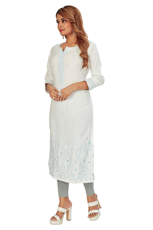 Amchoor White Solid Printed Rayon Kurti for Women's (Blue)