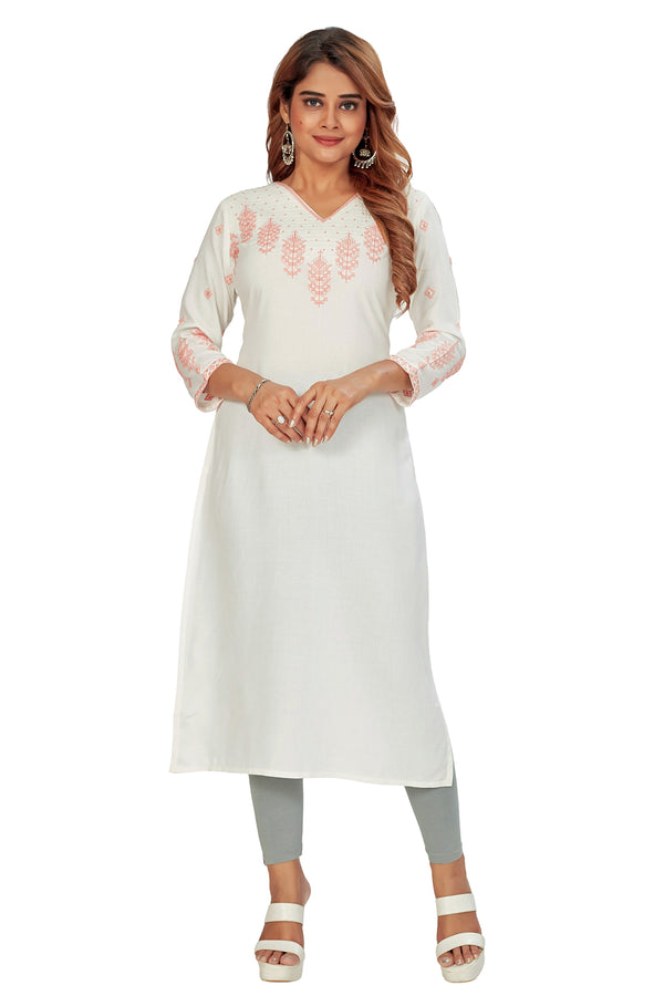 Amchoor White Solid Printed Rayon Kurti for Women's (Peach)