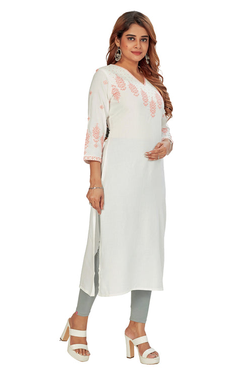 Amchoor White Solid Printed Rayon Kurti for Women's (Peach)
