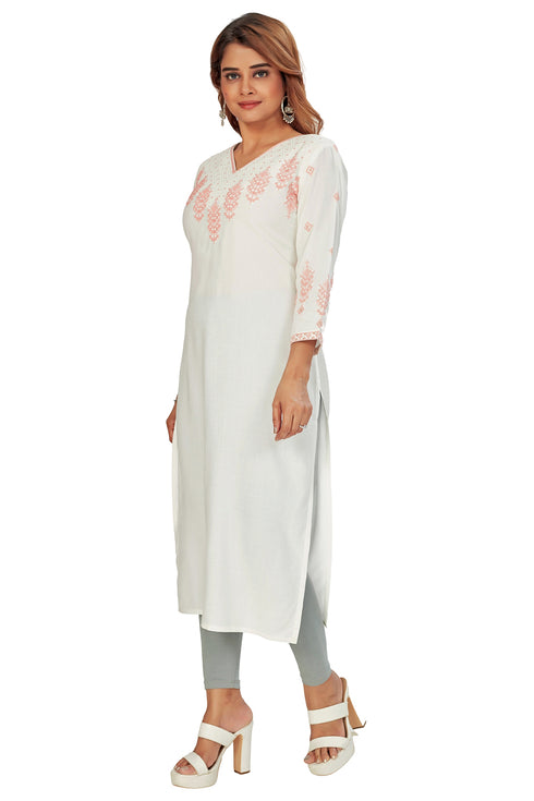 Amchoor White Solid Printed Rayon Kurti for Women's (Peach)