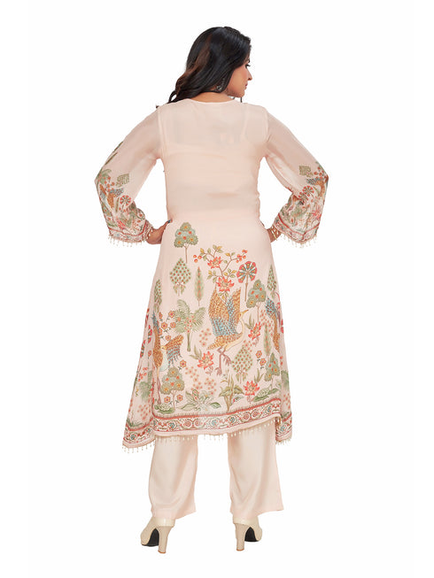 Amchoor Cream Chinon Floral Print KURTI SET for Women's
