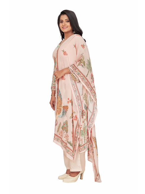 Amchoor Cream Chinon Floral Print KURTI SET for Women's