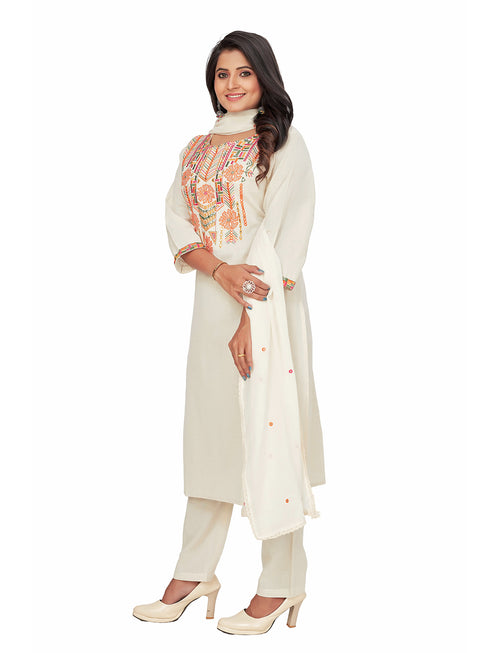 Amchoor Cream Cotton Embroidered KURTI SET for Women's