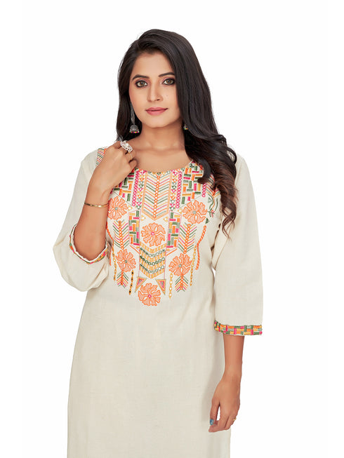 Amchoor Cream Cotton Embroidered KURTI SET for Women's