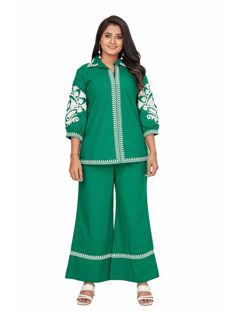 Amchoor Green Cotton Solid Print Co-Ord Set for Women's