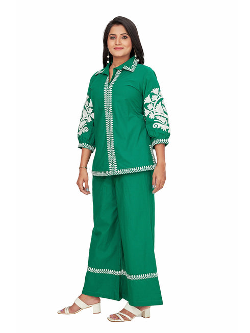 Amchoor Green Cotton Solid Print Co-Ord Set for Women's