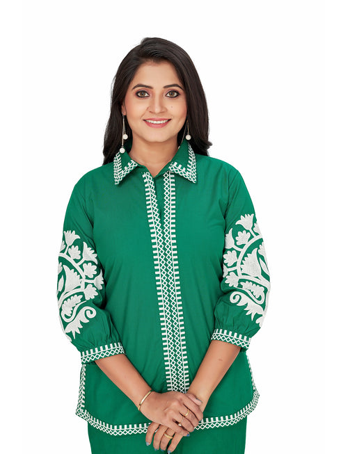 Amchoor Green Cotton Solid Print Co-Ord Set for Women's