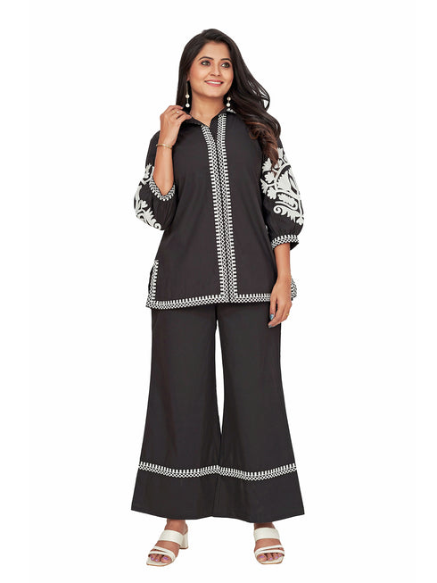 Amchoor Black Cotton Solid Print Co-Ord Set for Women's