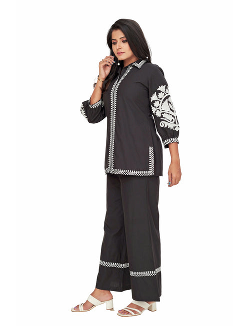 Amchoor Black Cotton Solid Print Co-Ord Set for Women's