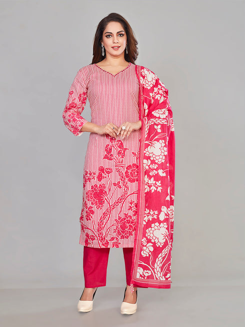 Amchoor Pink Cotton Floral Print KURTI SET for Women's