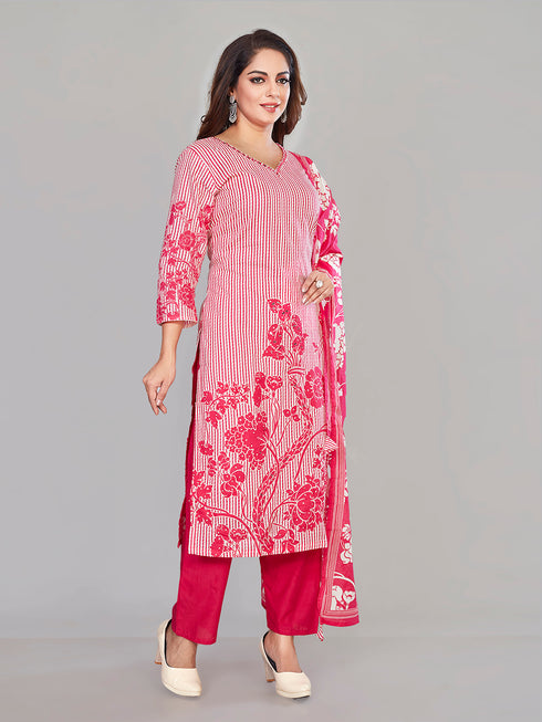 Amchoor Pink Cotton Floral Print KURTI SET for Women's