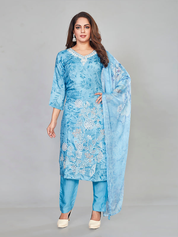 Amchoor Blue Muslin Floral Print KURTI SET for Women's