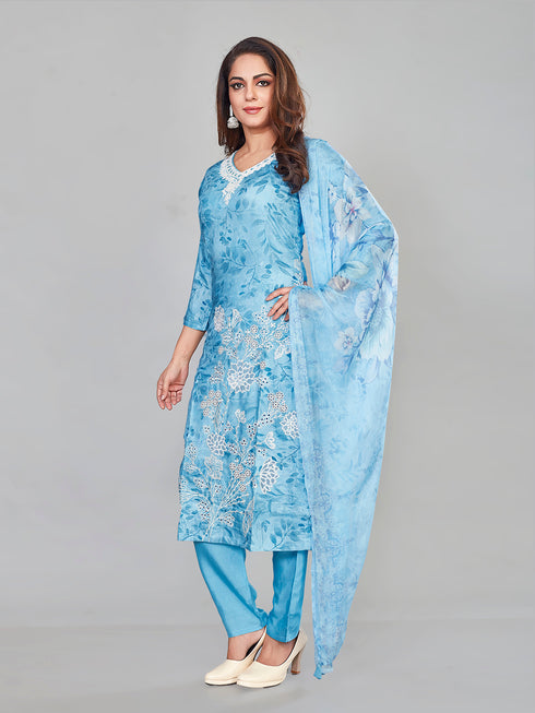 Amchoor Blue Muslin Floral Print KURTI SET for Women's