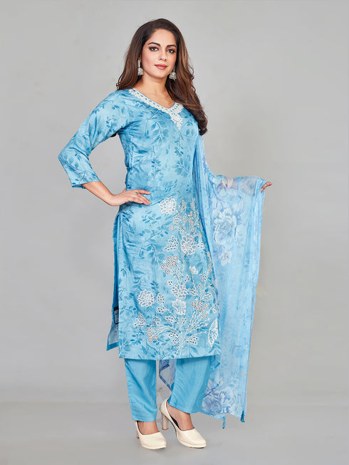 Amchoor Blue Muslin Floral Print KURTI SET for Women's