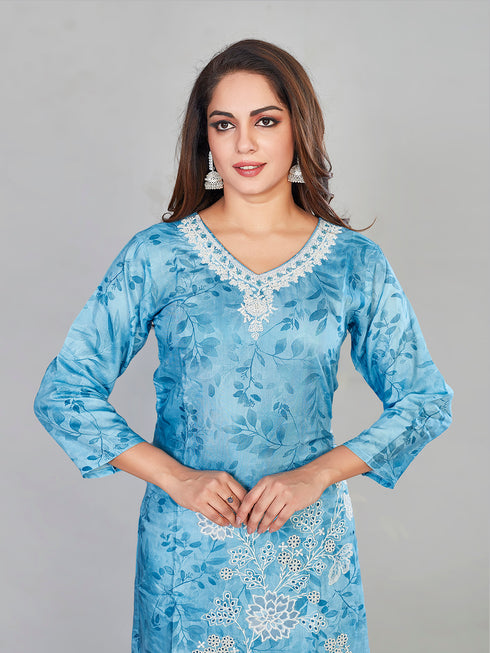 Amchoor Blue Muslin Floral Print KURTI SET for Women's