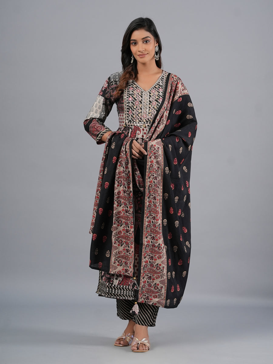 Amchoor Black Abstract Printed Kurti Set with Dupatta